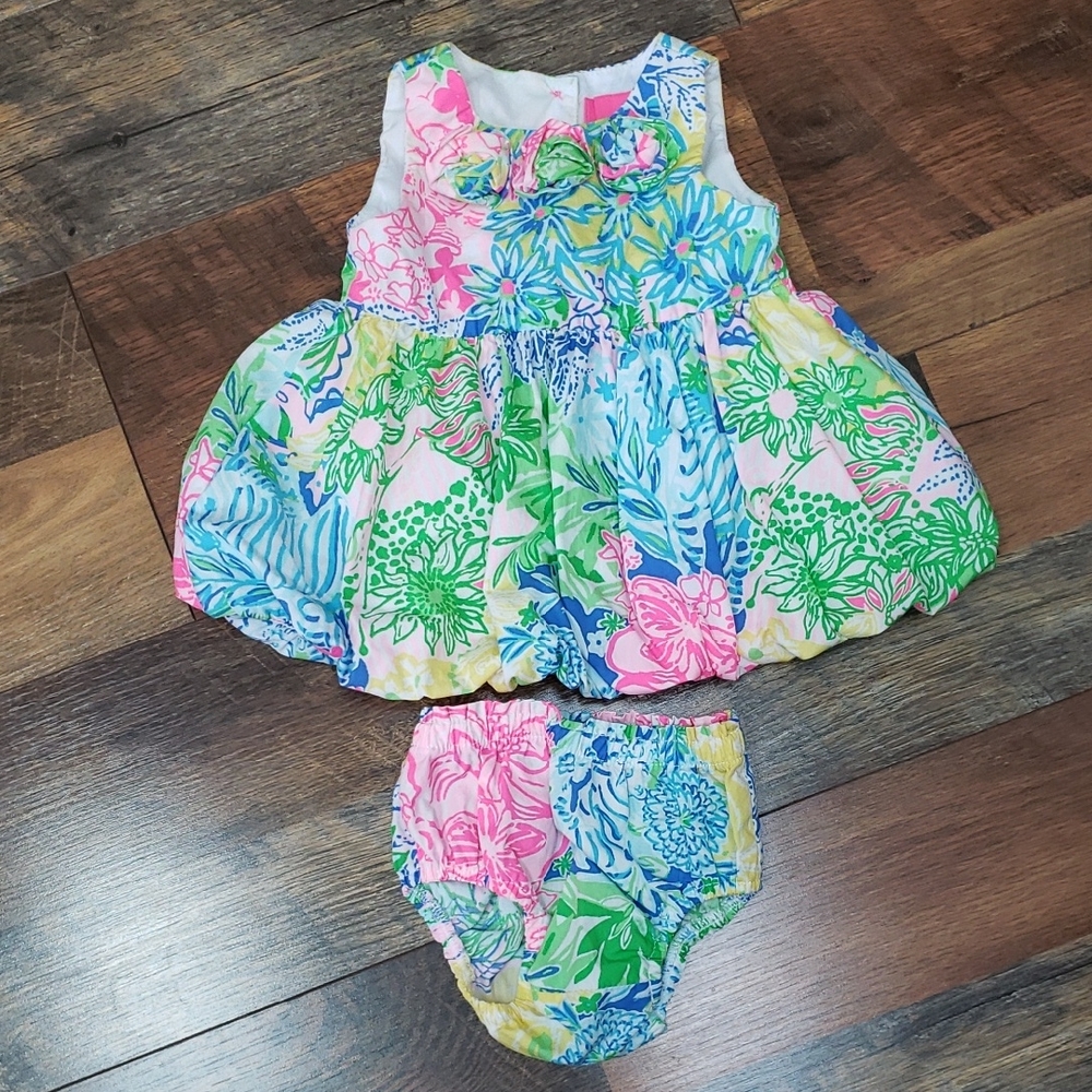 Lilly Pulitzer Floral Print Sleeveless Bubble Hem Dress With Bloomers, Size 3-6M